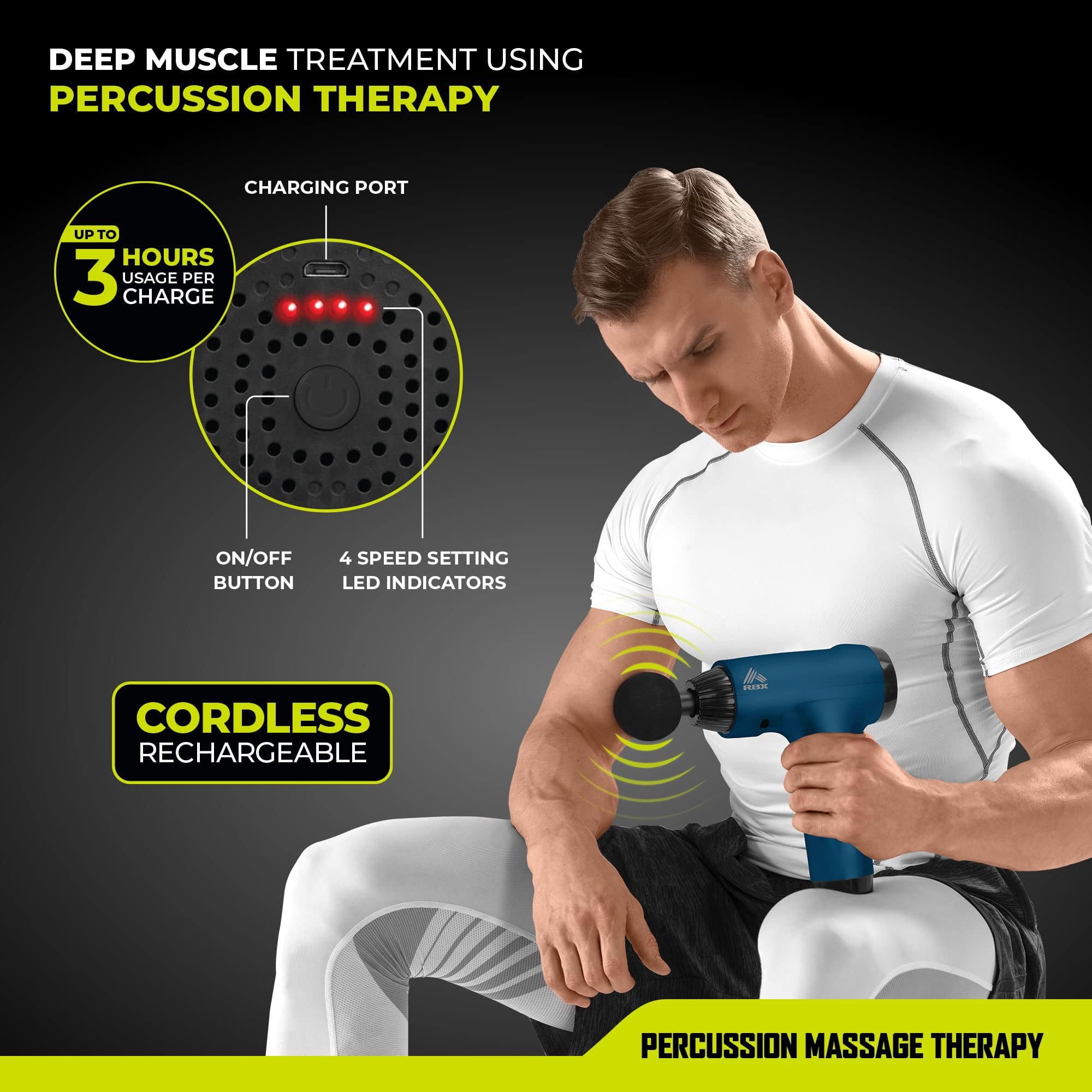 RBX AccuPoint Massage Gun, Deep Tissue Percussion & Muscle Massager for Athletes, Quiet Electric Sport Massager, Portable Massager for Pain Relief, Relaxation, and Muscle Fatigue (Blue)