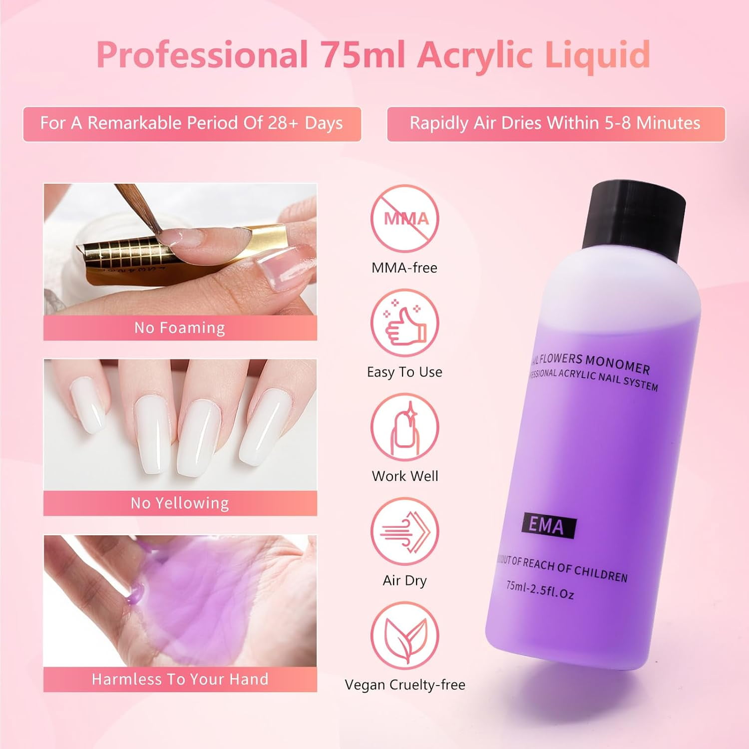 Nail Kit for Beginners with Everything: Professional Nail Acrylic Powder Liquid Set with Practice Hand Drill U V Light in Cosmetic Bag for Women Salon Home (Pink)