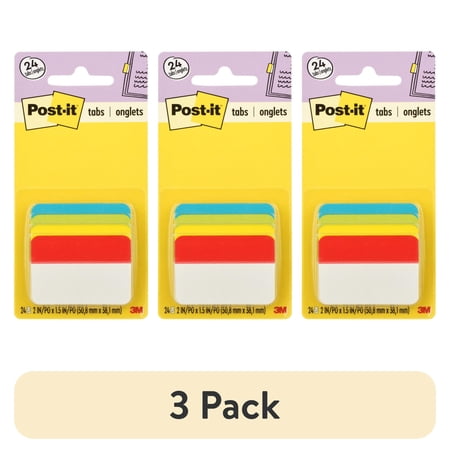 (3 pack) Post-it Tabs, 2 in. Angled Solid, Assorted Primary Colors, 24 Tabs