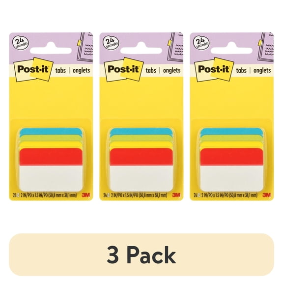 (3 pack) Post-it Tabs, 2 in. Angled Solid, Assorted Primary Colors, 24 Tabs