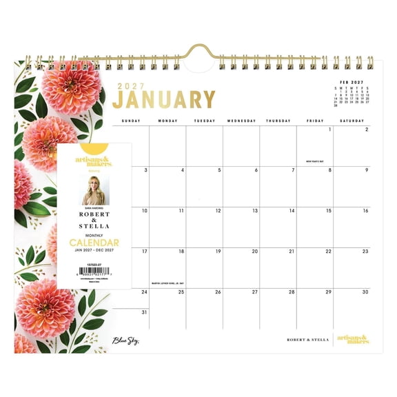 Blue Sky Artisans & Makers Sara Harding 2027 Wall Calendar, January 2027 - December 2027, 11" x 8.75", Durable Twin Wire Binding, Perfect For Home, Office And Classrooms, Bright Dahlias