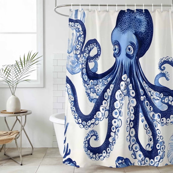 Navy Blue Octopus Coastal Waterproof Fabric Shower Curtain,Nautical Summer Beach Ocean Waterproof Fabric Shower Curtain for Bathroom Curtains Bathtubs Shower Curtains with 12 Hooks Stall 54x78in