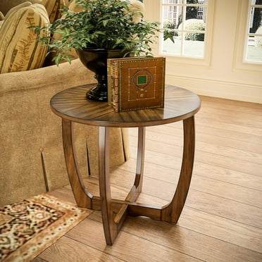 LEEMTORIG Mid Century Modern Round End Side Table Living Room, Walnut End Table Solid Wood Side Table, 23.6" Dia. Large Drum End Table Circle Nightstand Bedroom, Easy Assembly, Brown Walnut CJZ-3223