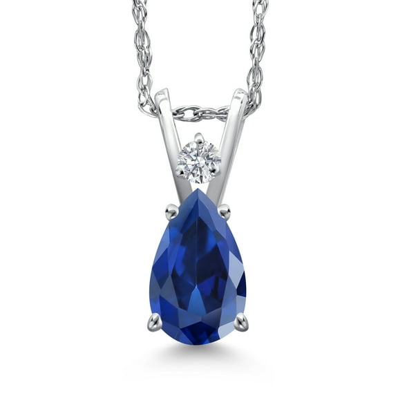 Gem Stone King 14K White Gold Blue Created Sapphire and White Lab Grown Diamond Pendant Necklace for Women | 1.04 Cttw | Gemstone September Birthstone | Pear Shape 7X5MM | With 18 inch Chain