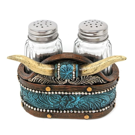 Southwestern Salt & Pepper Shakers Set w/Holder - Faux Horn & Tooled Leather (Rustic, Cabin, Lodge) - Decorative Western Salt & Pepper Shakers Holder Set - Spice Up Your Kitchen