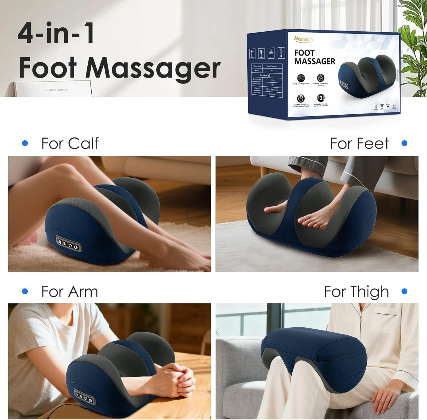 Foot Massager with Heat, Shiatsu Foot and Calf Electric Kneading Massager Machine with Roller for Relaxation, Plantar Fasciitis, Pain Relief, Gifts for Women & Men(Blue)