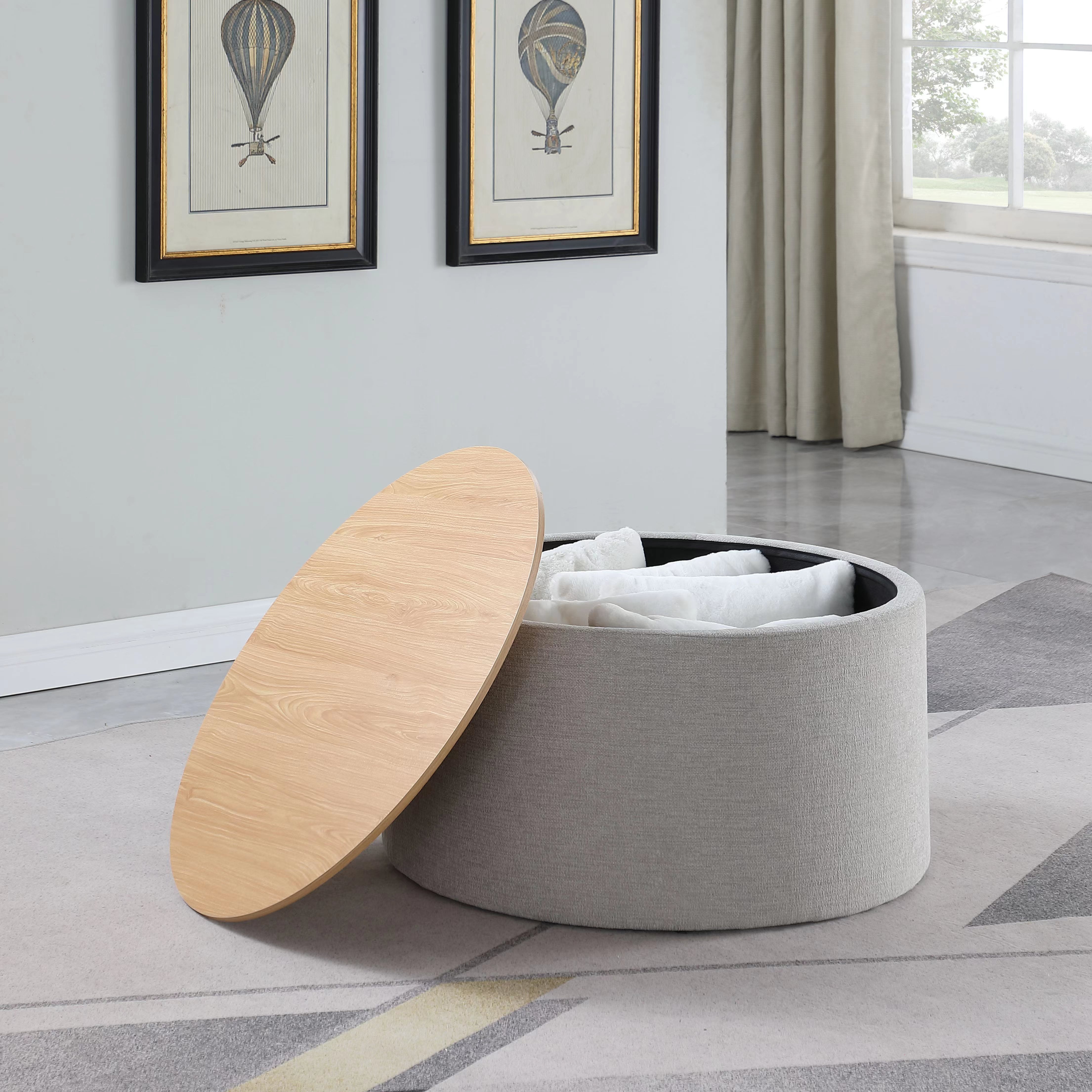 HomePop Large Modern Round Storage Ottoman with Wood Lift-Top Lid, Light Gray/Natural