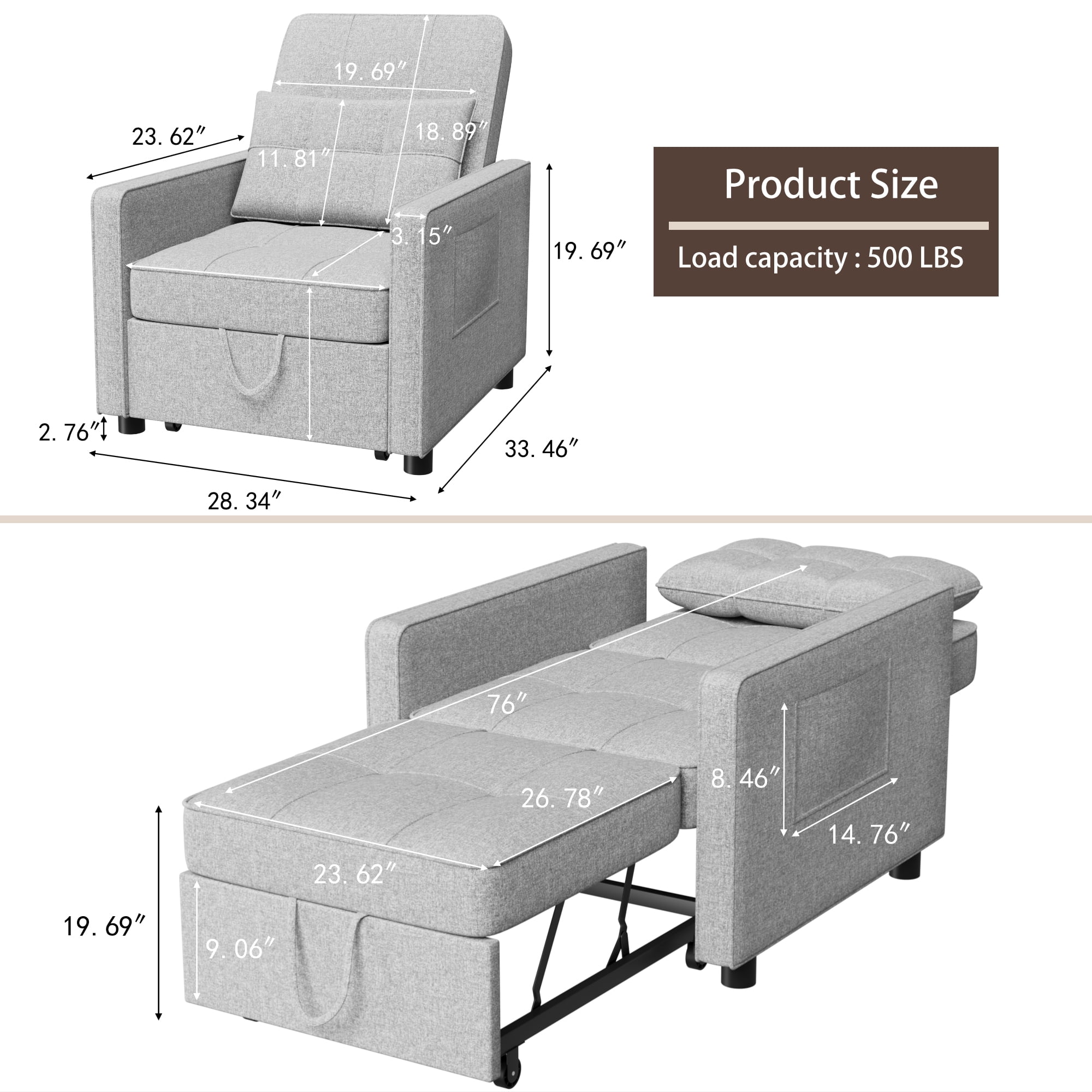Homall Sleeper Sofa Chair Bed 3 in 1 Convertible Bed Chair Adjustable Sleeper Chair Pullout Sofa Bed,Grey