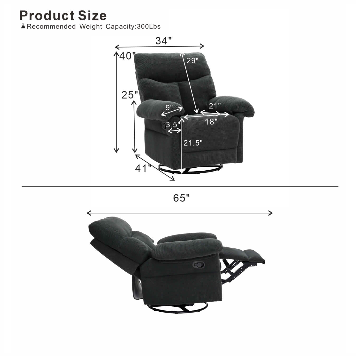 MAYEERTY 41 In Swivel Rocker Recliner, 360 Degree Manual Glider, Overstuffed, Dark Gray, 300 lb