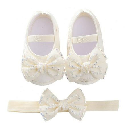 

Baby Girls Flats with Infant Non-Slip Soft Sole Cute Bowknot Shoes Newborn Princess Wedding Shoes Toddler First Walkers 0-12M with Hair Band