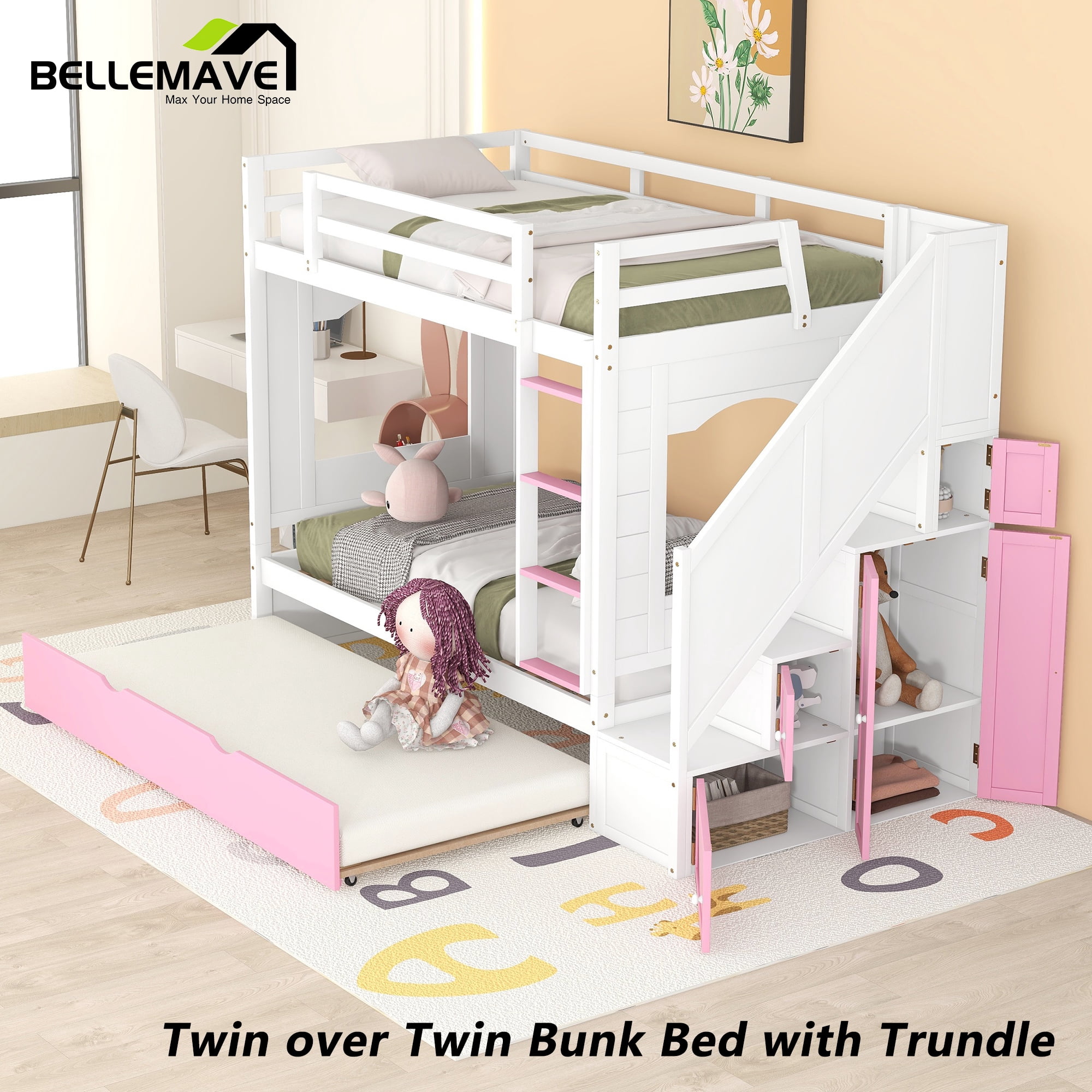 Bellemave Kids Twin-Size Wood Bunk Bed with Trundle, Storage Cabinet ...