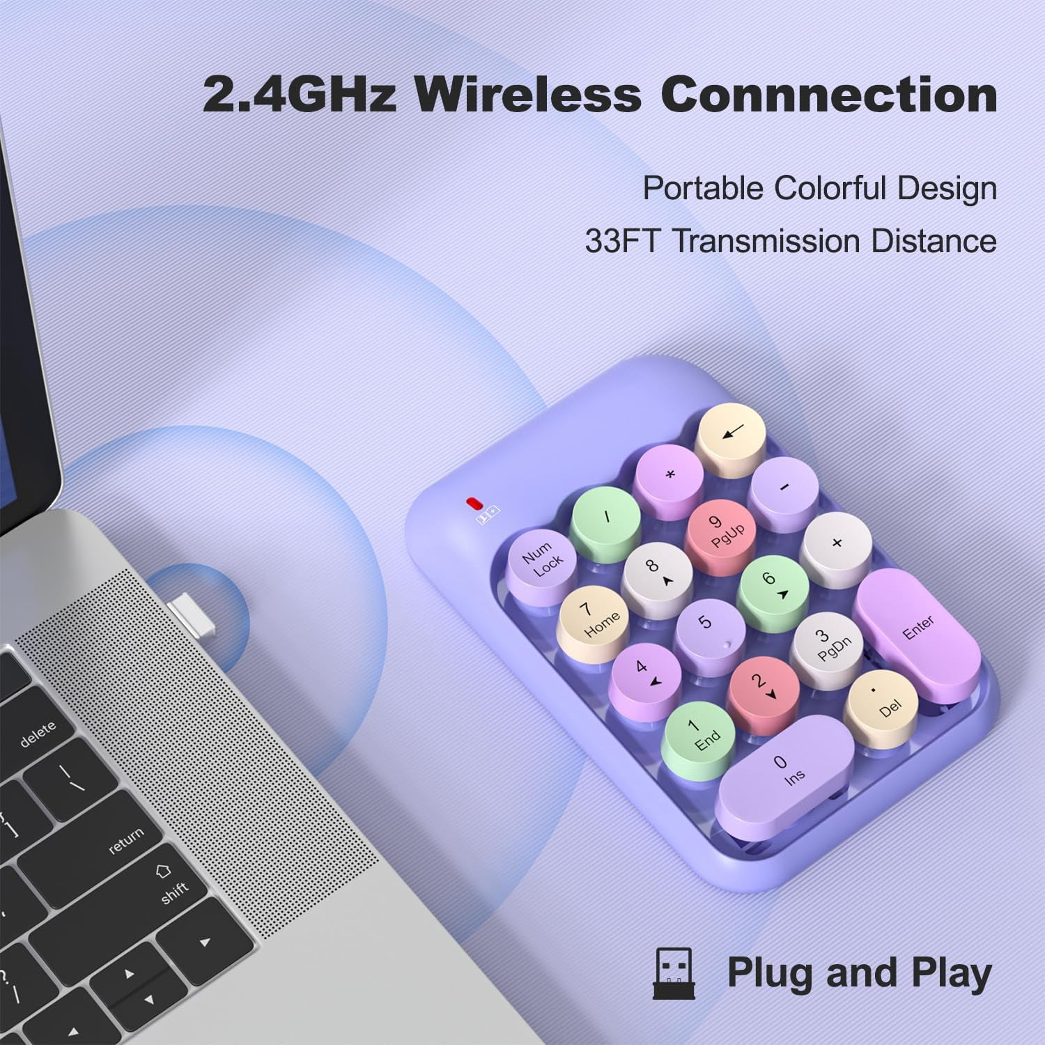 Wireless Number Pads - Purple Numeric Keypad 18 Keys USB 2.4G Round Keycap Colorful Extensions Keypads, Financial Accounting Portable Numpad 10 Key for Laptop/PC/Notebook/Surface Pro