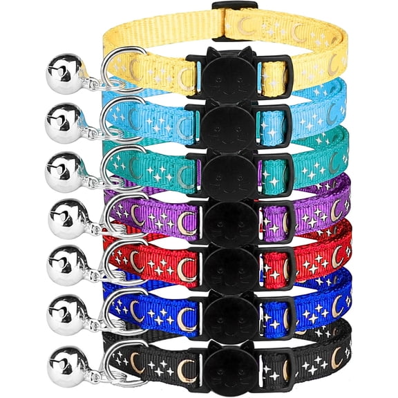 GadgetPawsUSA 7 Pack Kitten Collars – Glow in the Dark Star & Moon Design with Bell, Adjustable Safety Breakaway for Cats & Kittens
