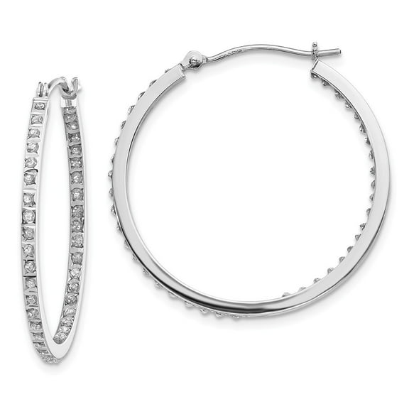 Real 14kt White Gold Diamond Fascination Round Hinged Hoop Earrings; for Adults and Teens; for Women and Men