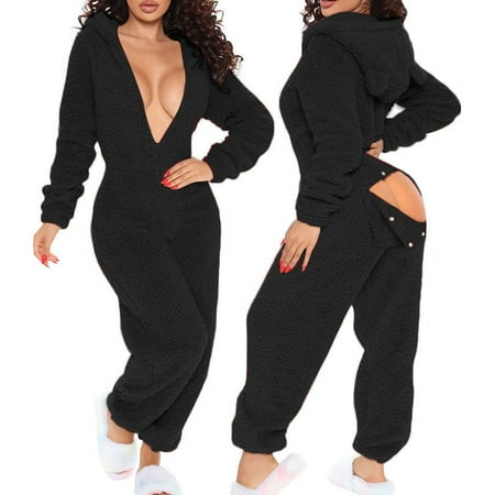 

Women s Long Sleeved Hooded Plush Home Clothes Pajamas One-piece Clothes Flip Buttons Jumpsuits Fragarn