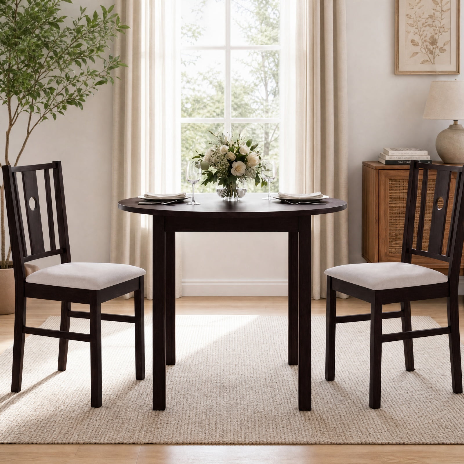 Furnibear Set of 2 Rubber Wood Kitchen Chairs with Fabric Padded Seat and Slatted High Back for Dining Room and Kitchen, Coffee