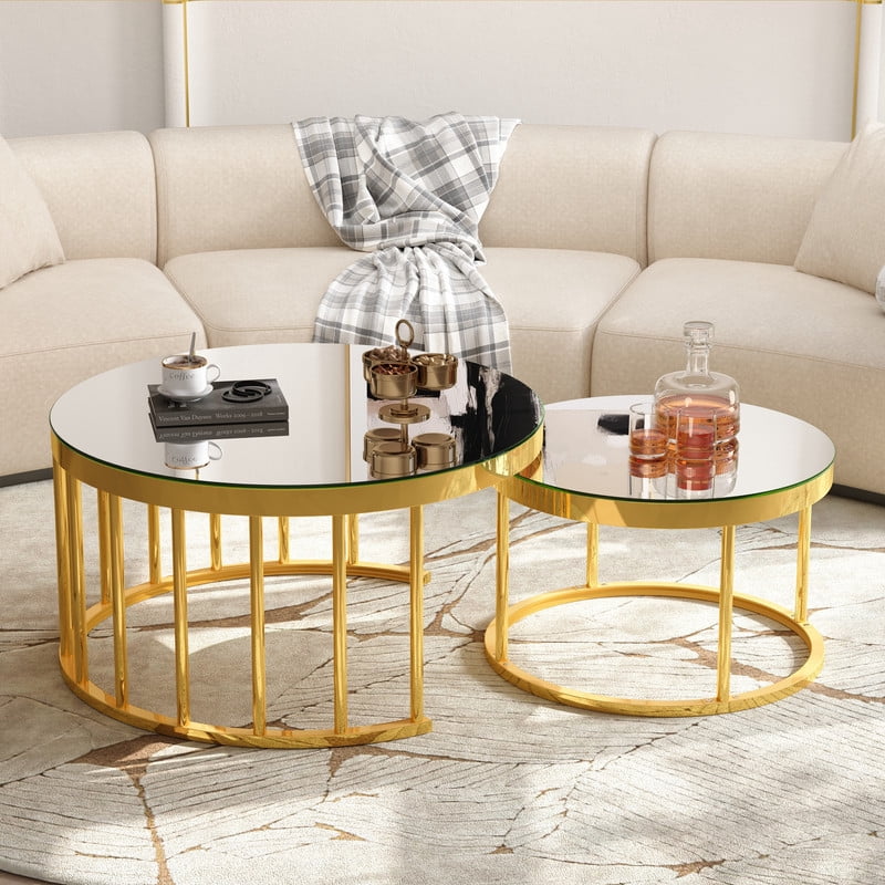 Round Nesting Coffee Table Set of 2, Modern Golden Metal Frame Accent Circular Cocktail Table with Mirrored Table Top