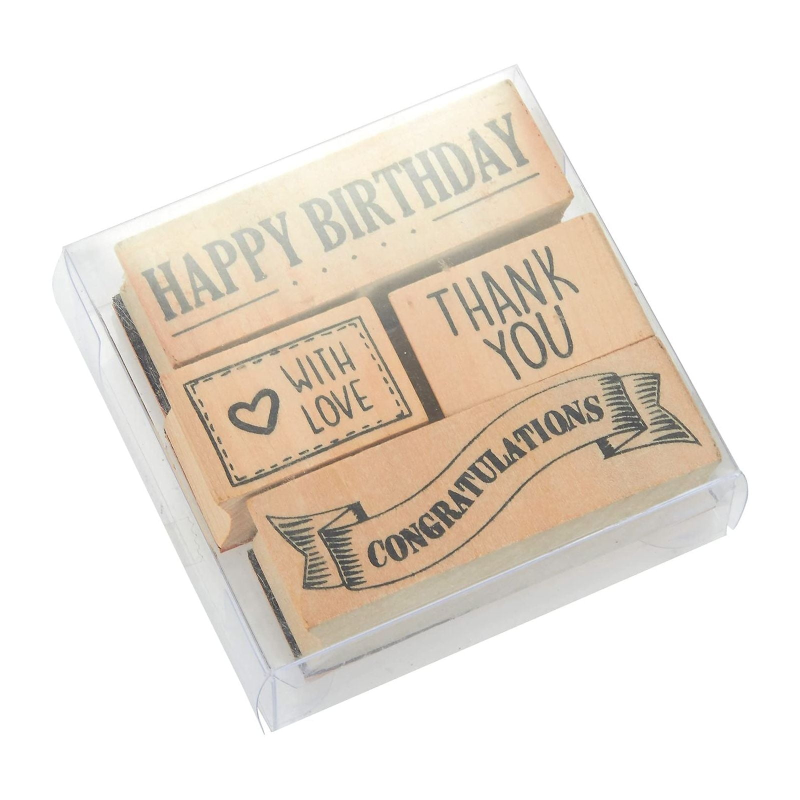 Juvale 4-Piece Card Making Stamps Set - Wood Mounted Rubber Stamps for Card Making DIY Crafts Scrapbooking - Happy Birthday Thank You Congratulations