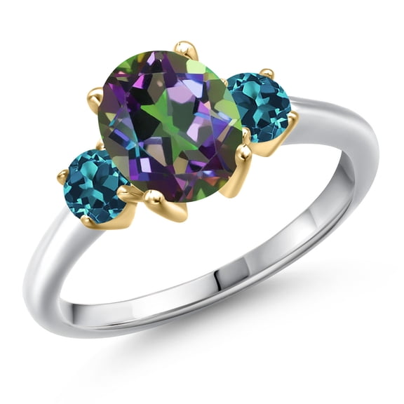 Gem Stone King 10K Two Tone Gold Green Mystic Topaz and London Blue Topaz Engagement Ring for Women | 2.96 Cttw | Oval 9X7MM | Gemstone November Birthstone | Size 8