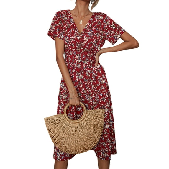 DYMADE Womens Summer Vocation Bohemian Elastic Waist Floral Printed V-Neck Short Sleeve Fit & Flare Dresses