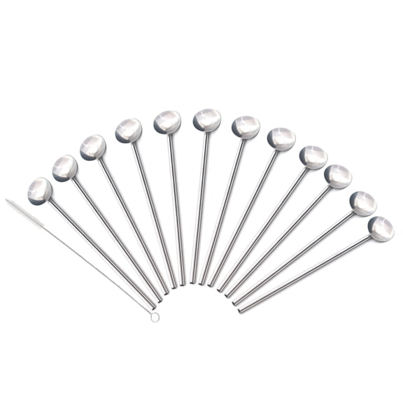 Aspire 12 PCS Stainless Steel Spoon Straws with Cleaning Brush Set Reusable Drinking Straws Bar Accessories-Silver round-12 spoon straws   1 brush