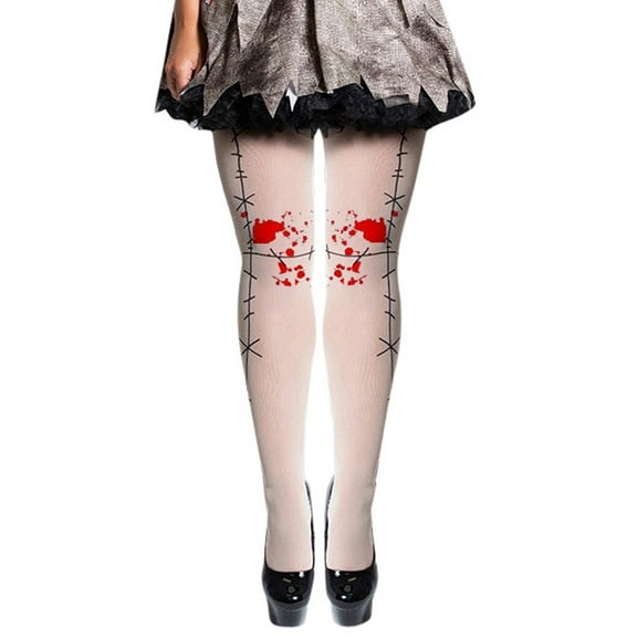 Gaexia Women Doll Halloween Bloodstain Patched Tights Unique White Thigh High Stockings 100D Performance Gothic Style