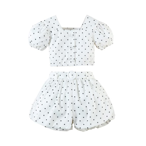 Little Summer Outfits For Girls Kids Two Piece Short Sleeve Polka Dots Tops And Short Dress Clothes Size 5-6T