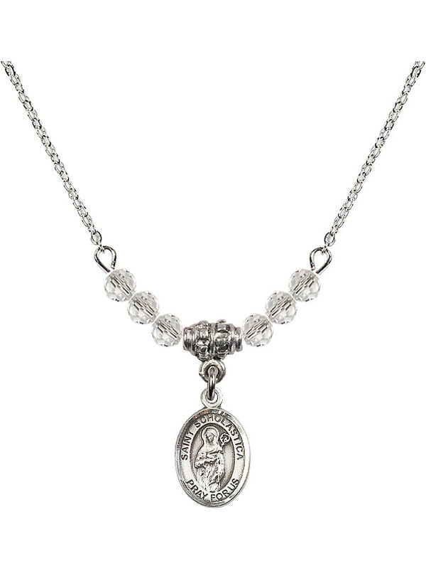 Bonyak Jewelry 18 Inch Rhodium Plated Necklace w/ 4mm Sterling Silver Beads and Saint Scholastica Charm