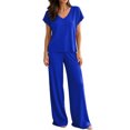 thumbnail image 2 of BRELIL Women's Two Piece Lounge Set V Neck Short Sleeve Tee Wide Leg Pants Casual Matching Outfits Solid Basic Tracksuit for Travel Fall Vacation, Blue L, 2 of 6