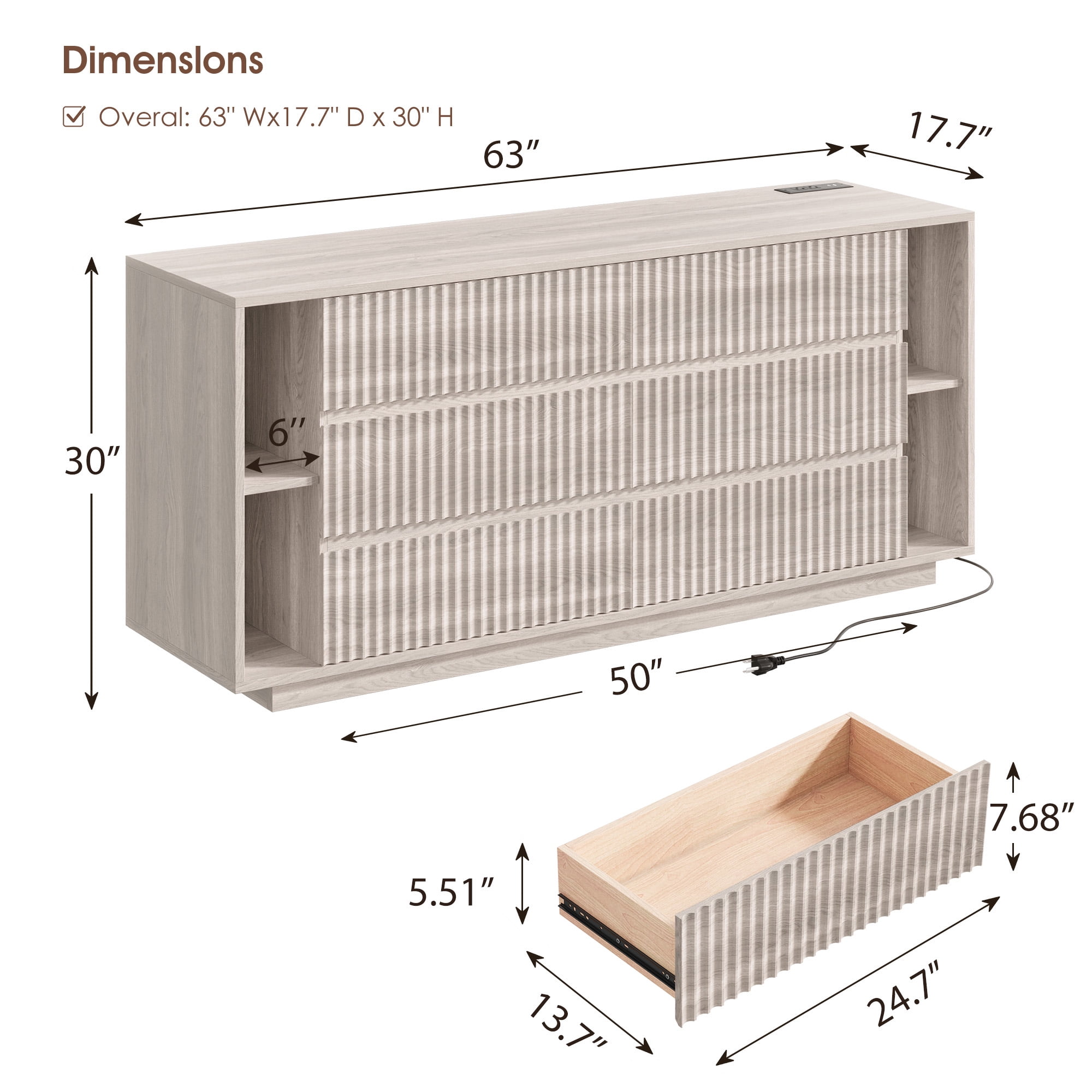 Fluted 6 Drawer Dresser with Shelves, 63'' Wide Bedroom Chest of Drawers, White Alder