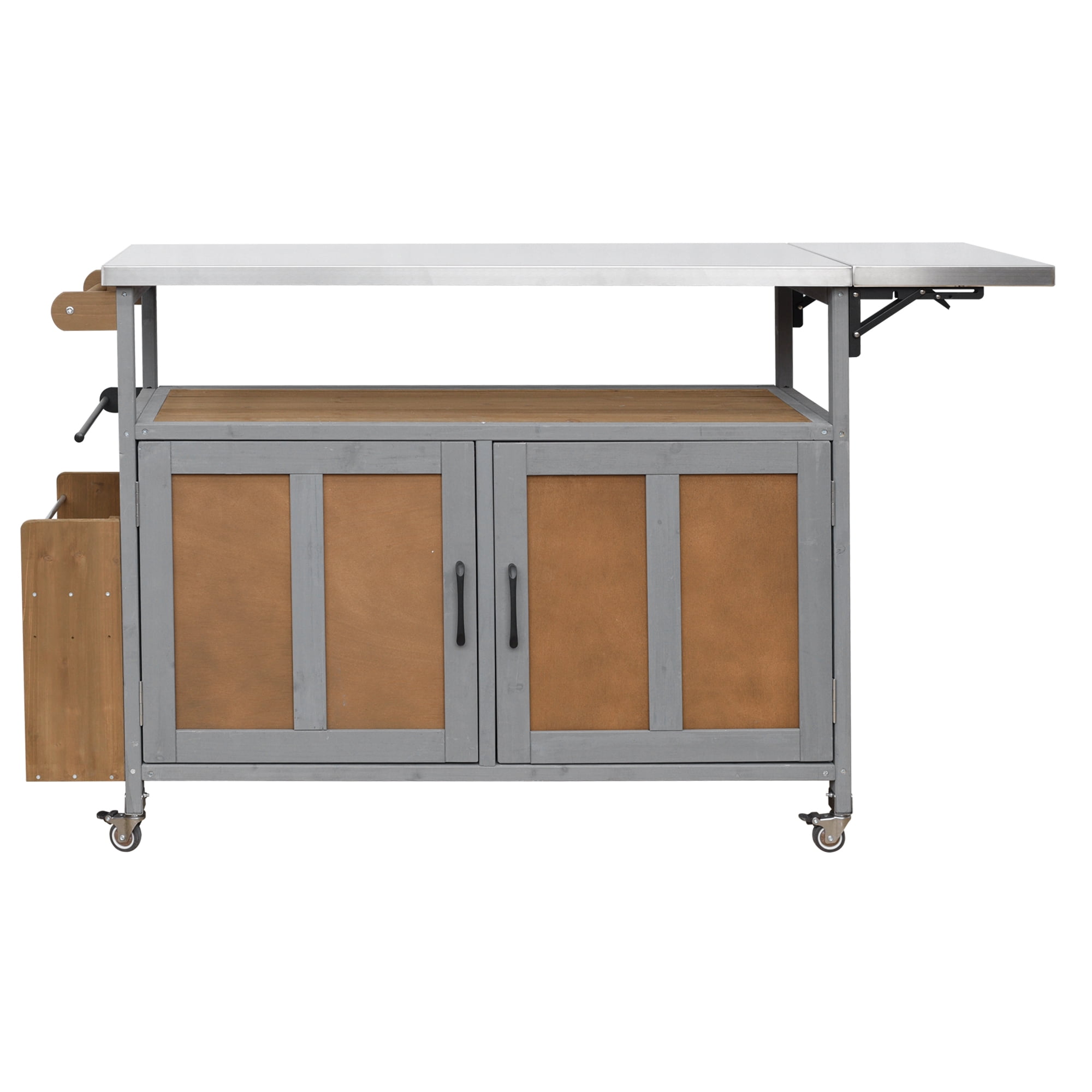 Harper & Bright Designs Outdoor Extendable Kitchen Island with Wheels, Patio Kitchen Cart with Foldable Stainless Steel Top, Portable Prep Station with Storage Cabinet, Espresso + Grey