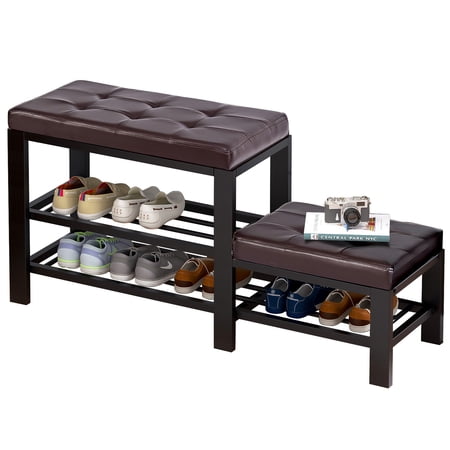 Soges Adult Child Shoe Bench Racks with Leather Cushion, 3 Tiers Parent-Child Shoe Rack Storage Organizer for Entryway Hallway, Foyer, Metal Frame High and Low Shoe Bench Shelf Bed End Stool, Brown
