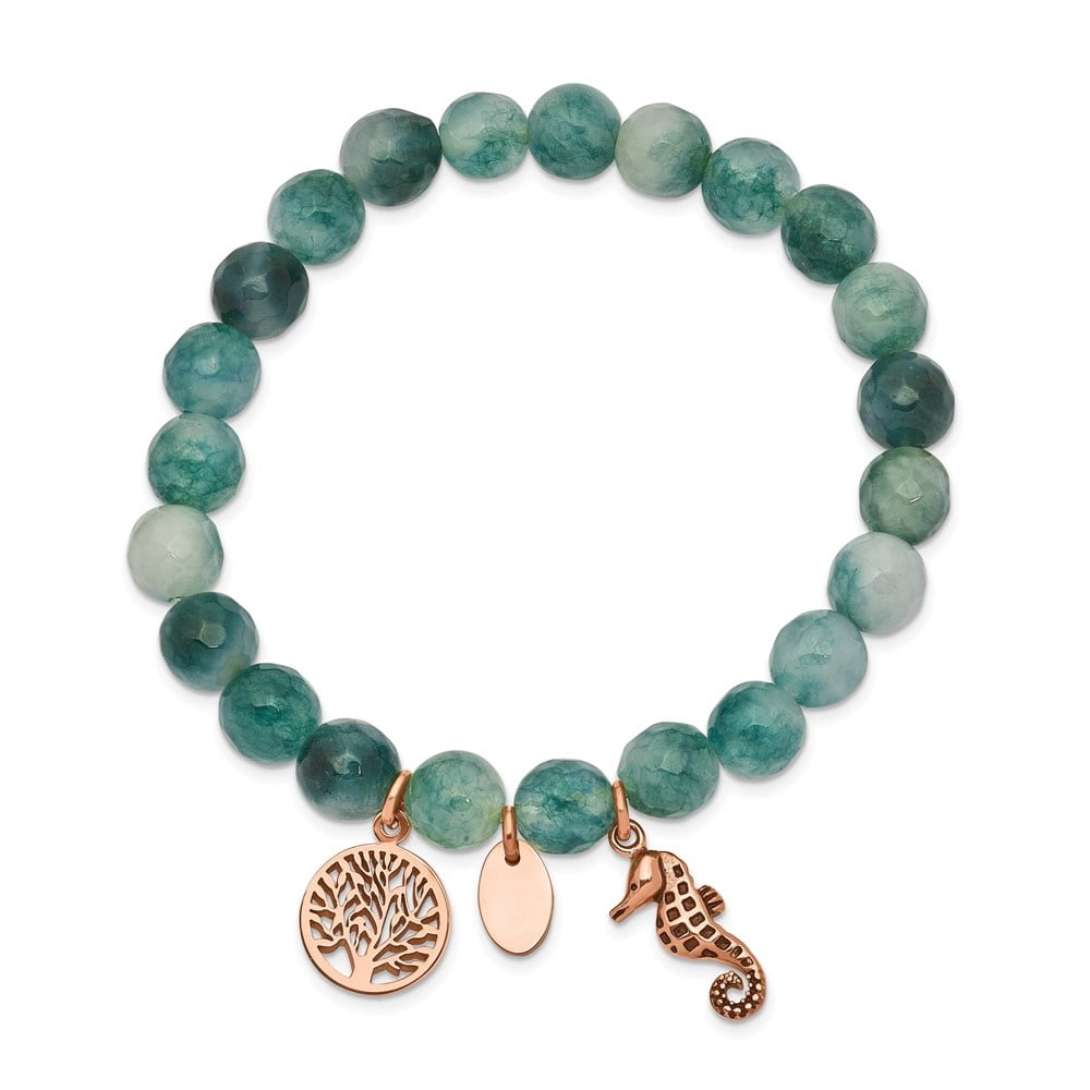 Diamond2Deal Stainless Steel Rose IP-Plated Seahorse and Tree of Life Green Dyed Jade Beaded Stretch Bracelet for Women 6.25"