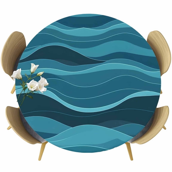 Ocean Waves Round Fitted Tablecloth with Elastic Edge, Watercolor Stretch Table Covers for 36"-44" Tables Wipeable Table Cloth for Outdoor