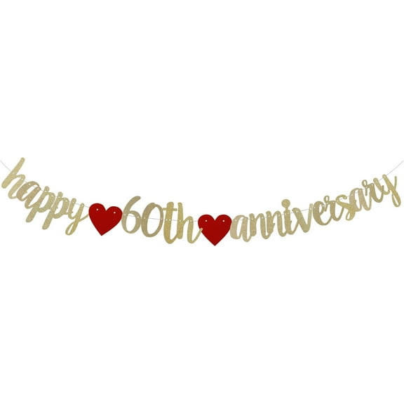 Happy 60TH Anniversary Banner Sign Gold Paper Glitter Party Decorations for 60TH Wedding Anniversary Party Supplies Letters Gold Pre-Strung