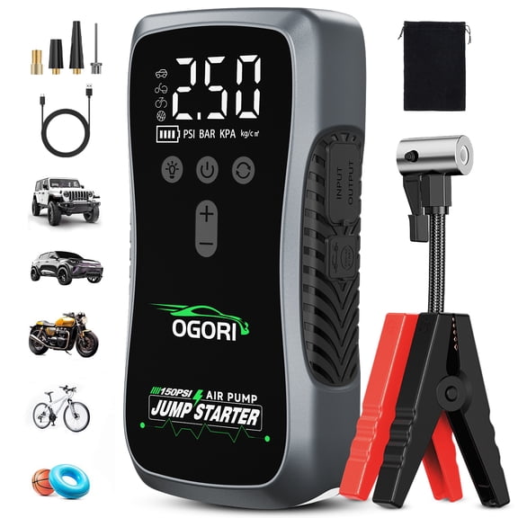 OGORI 7000A Car Jump Starter with Air Compressor 150PSI, 12V Portable Jump Box Battery Booster Charger (Up to 10.0L Gas/8.0L Diesel), Car Jumper Starter with LCD Display & 3-in-1 Emergency LED Light