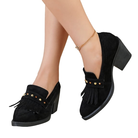 EKVAHL Women's Orthopedic Slip On Walking Loafers, Matte Faux Suede Chunky Heel Pumps, Arch Support Wide Square Toe Daily Dress Shoes Black
