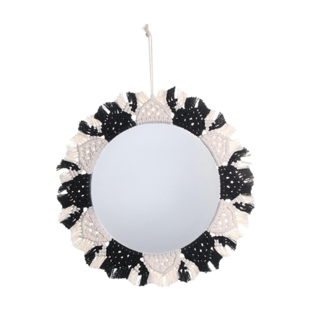 Espejo decorativo de pared bohemio tejido a mano para entrada, dormitorio, baño, habitación infantil. Blanco y negro