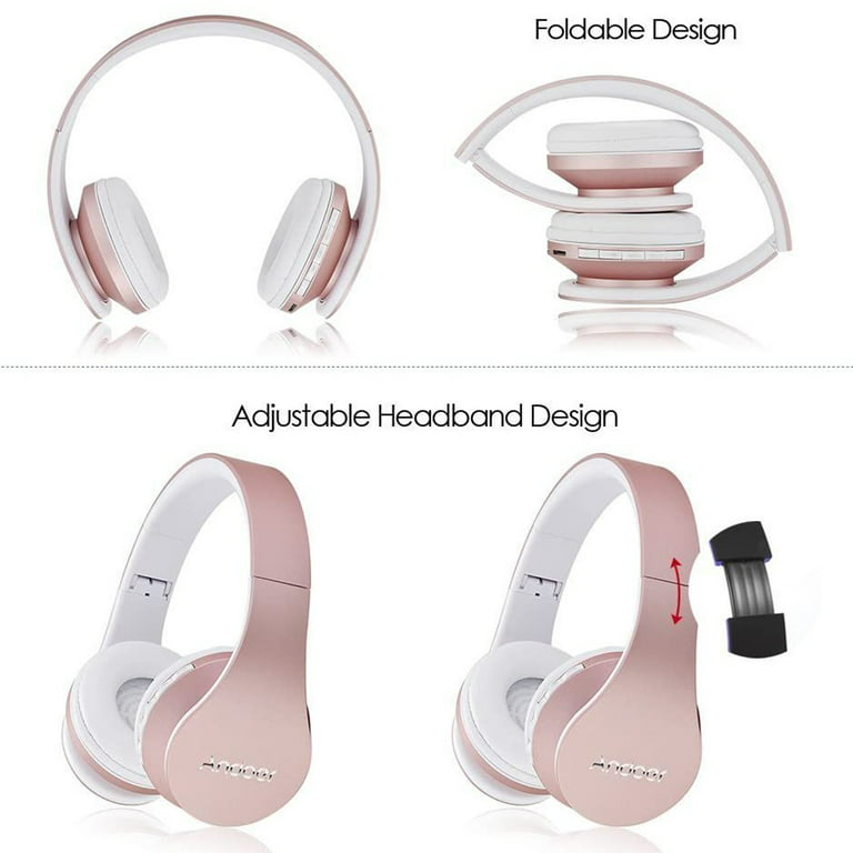 Bluetooth Headphones Wireless, Andoer Over-Ear Headset with Built-in Mic,  3.5mm Wired Music Headphones Foldable Headband TF Card Slot for Mobile  Phone PC Laptop, Rose Gold 
