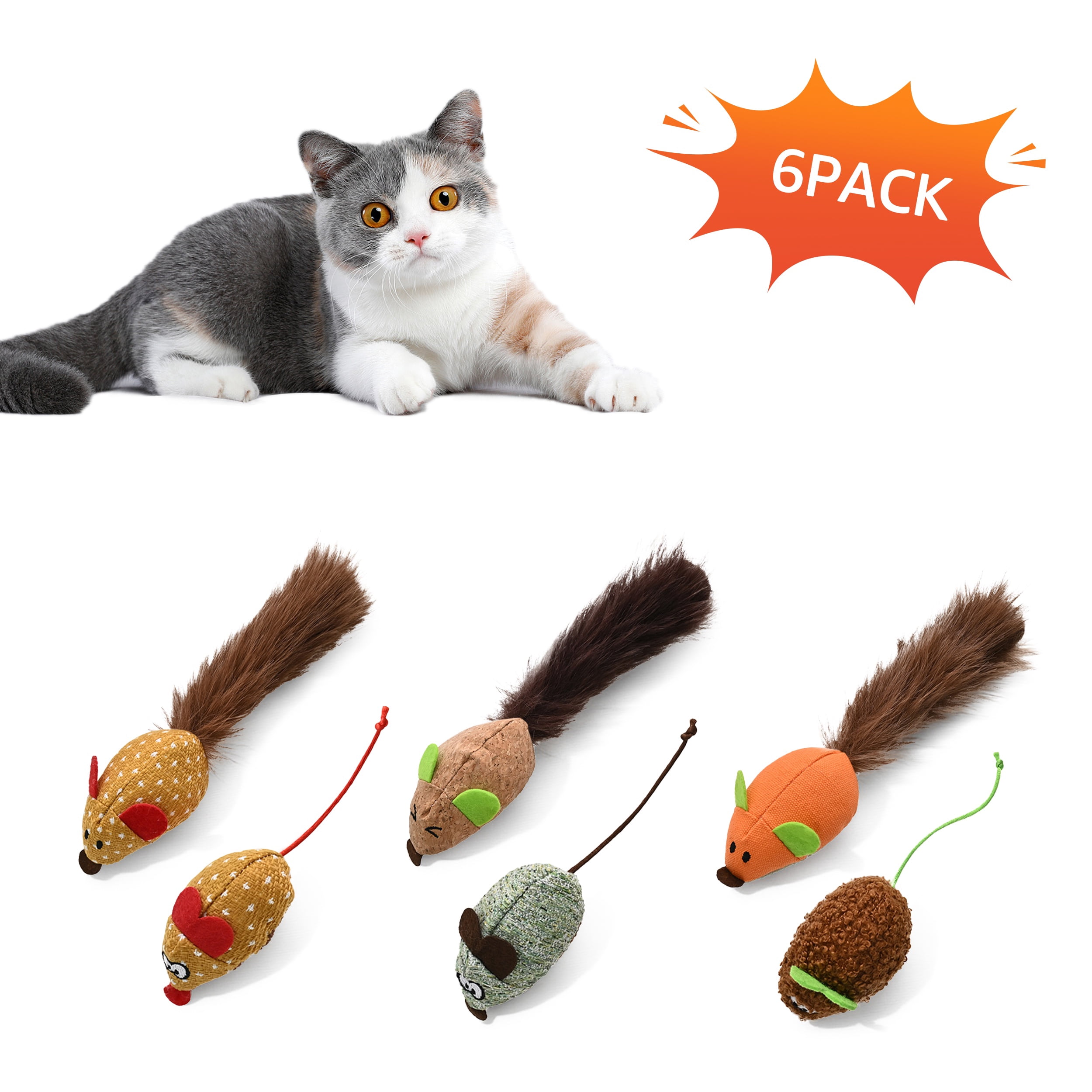 Max & Marlow Cat Mice Toys, 6-Pack Plush Mice Toys Filled Catnip for Indoor Cats