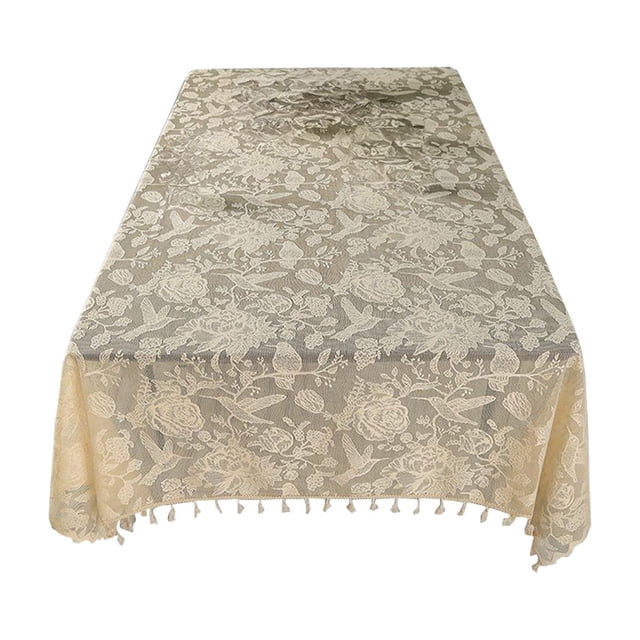 Dining Table Cover Waterproof Polyester Rectangular Tablecloth With Tassel Lace Trim 100 cm x 140 cm Beige