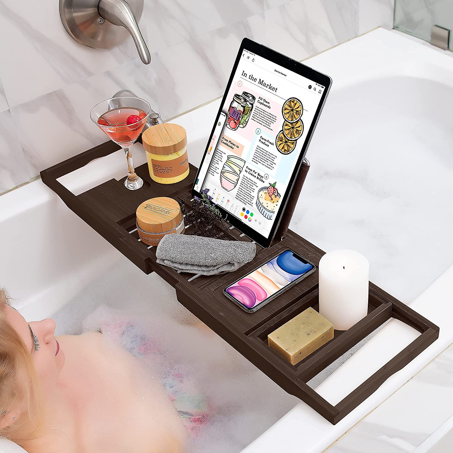Bambüsi 100% Bamboo Bathtub Caddy with Extending Sides, Reading Rack, Cellphone Tray & Integrated Wine Glass Holder