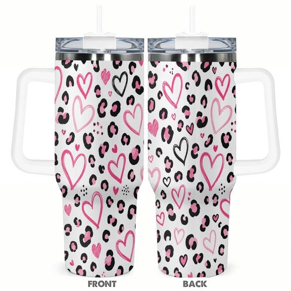 40oz Pink Leopard Heart Travel Tumbler with Handle and Straw Lid Black Animal Print Insulated Car Coffee Cup Gift for Women