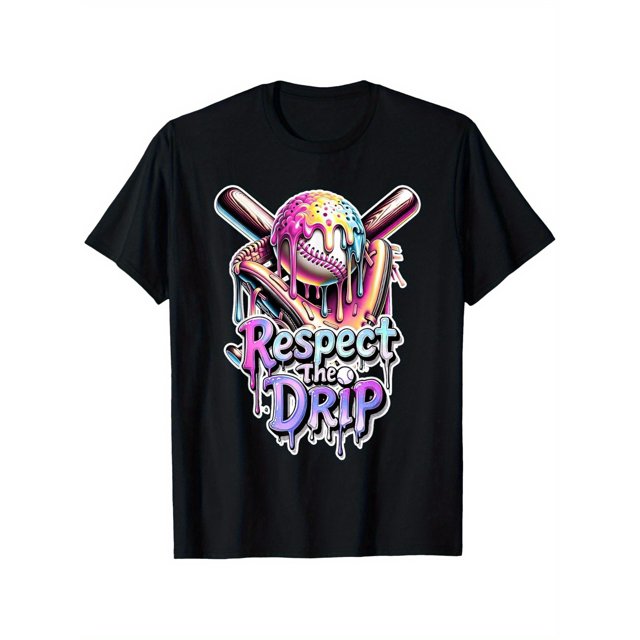 Respect the Drip Boys' Baseball Graphic T-Shirt - Black Cotton Crew Neck Tee with Vibrant Baseball & Ice Cream Design, Breathable Casual Summer Top for Youngsters, Playful Graphic Shirt | Vibrant