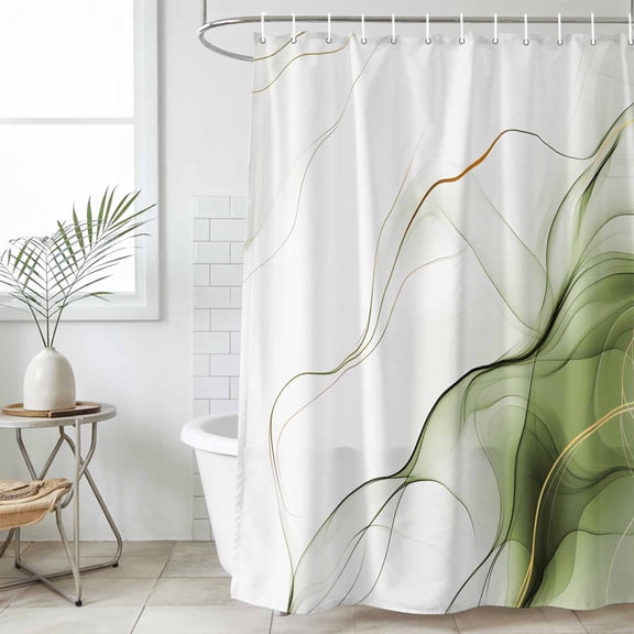 Marble Sage Green Waterproof Fabric Shower Curtain,Gold White Modern Gradient Ocean Wavy Waterproof Fabric Shower Curtain for Bathroom Curtains Bathtubs Shower Curtains with 12 Hooks Long 72x78in