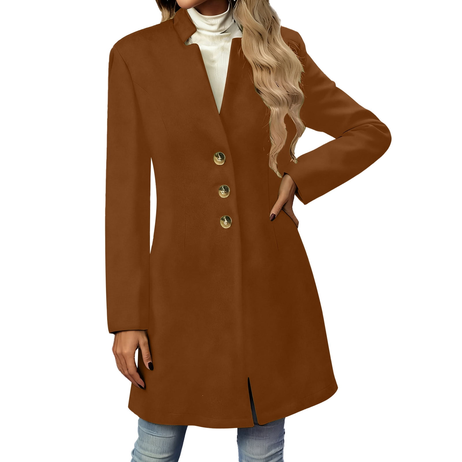 Women's Winter Wool Blend Camel Mid-Long Coat Casual Single-Breasted Lapel Jacket Outwear With Pockets