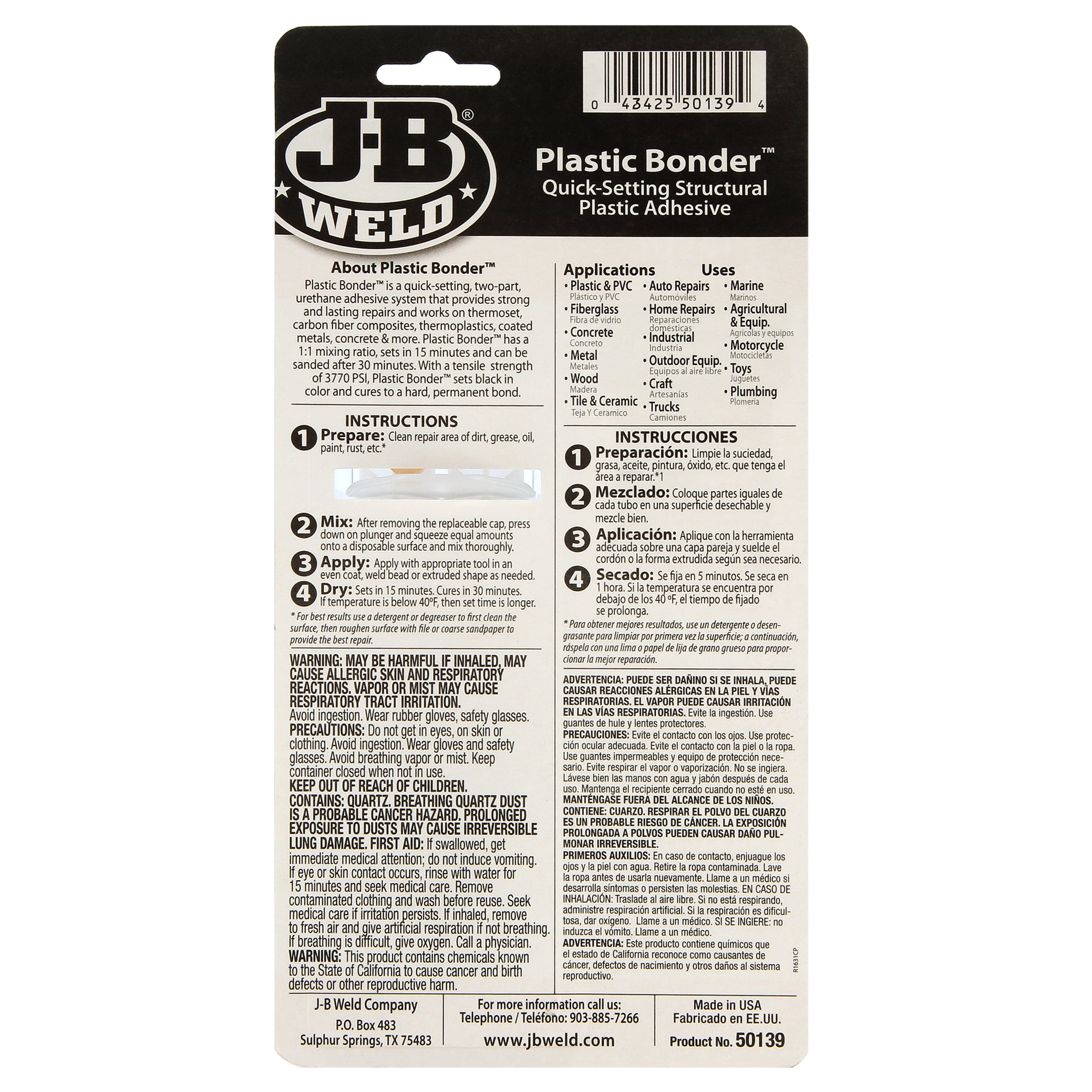 J-B Weld 50139 Plastic Bonder Corps Panneau Adhésif et Gap Filler seringue-Dries