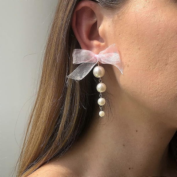 Vintage Pearl Drop Dangle Earrings Lightweight Black Pink Cute Bow Earrings Fashion Statement Ear Jewelry for Women and Girls (Pink)