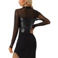 thumbnail image 3 of INSPIRE CHIC Top for Women's Faux Leather Long Sleeve Mesh Sheer Corset XS Black, 3 of 6