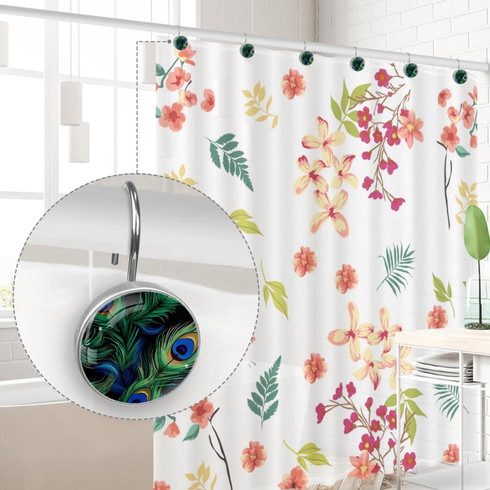 Peacock Feather Shower Curtain Hooks Round Crystal Glass, Set of 12 Shower Curtain Rings - Shower Hooks for Curtain Shower Rings